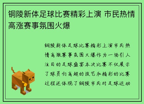 铜陵新体足球比赛精彩上演 市民热情高涨赛事氛围火爆