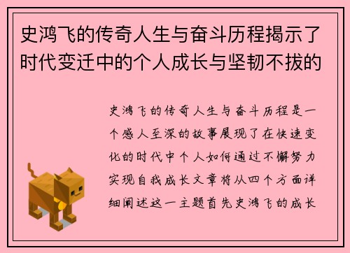 史鸿飞的传奇人生与奋斗历程揭示了时代变迁中的个人成长与坚韧不拔的精神