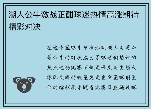 湖人公牛激战正酣球迷热情高涨期待精彩对决