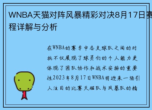 WNBA天猫对阵风暴精彩对决8月17日赛程详解与分析