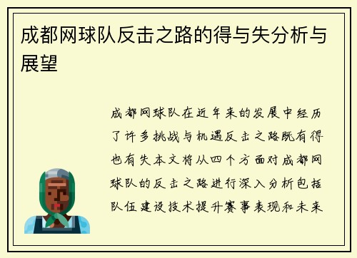 成都网球队反击之路的得与失分析与展望