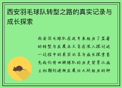西安羽毛球队转型之路的真实记录与成长探索
