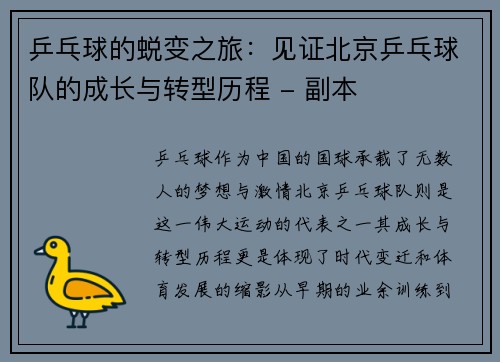 乒乓球的蜕变之旅：见证北京乒乓球队的成长与转型历程 - 副本